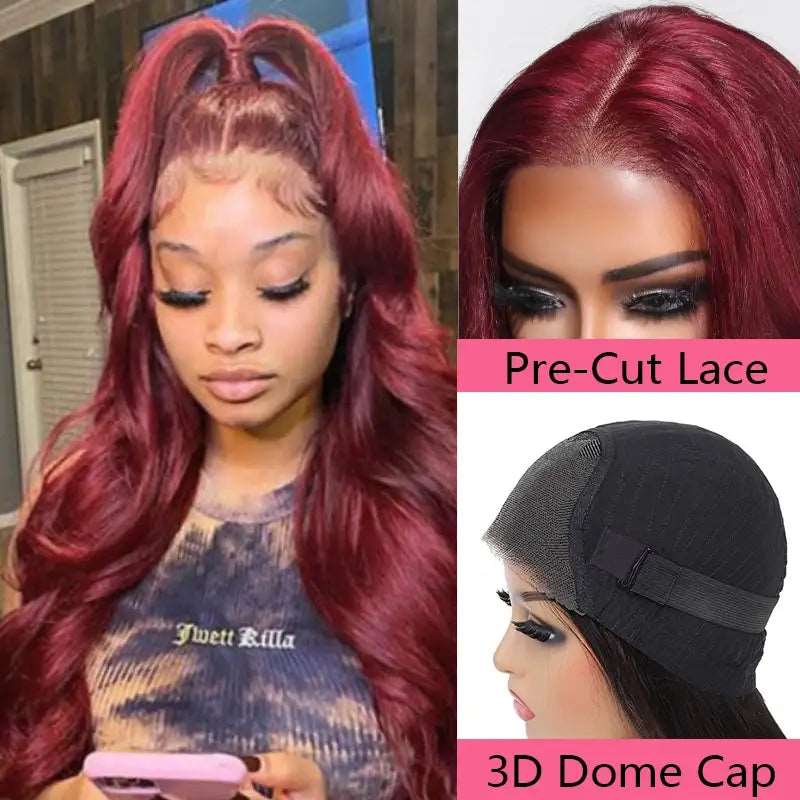 ZSFOQQ Hair Body Wave 99J Burgundy Color 6*4 Pre-Cut Lace Closure Wig Human Hair Glueless Wig