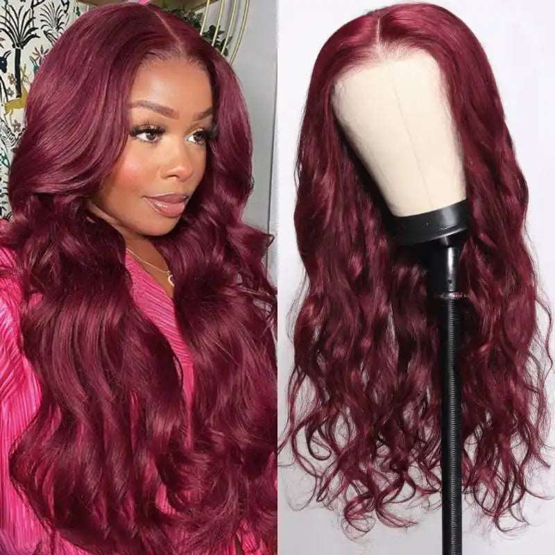 ZSFOQQ Hair Body Wave 99J Burgundy Color 6*4 Pre-Cut Lace Closure Wig Human Hair Glueless Wig