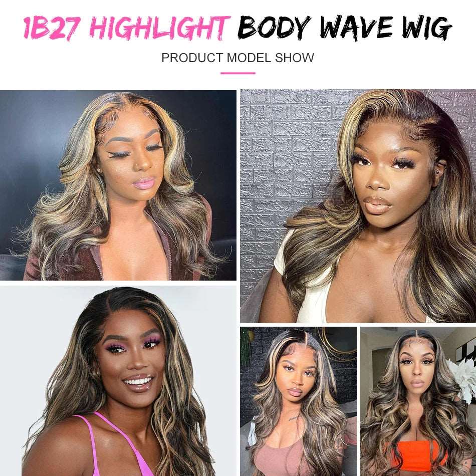 ZSFOQQ Hair 1b/27# Highlights Black/Honey Blonde Brazilian Body Wave 5*5/13*4 Lace Wig Pre Plucked.