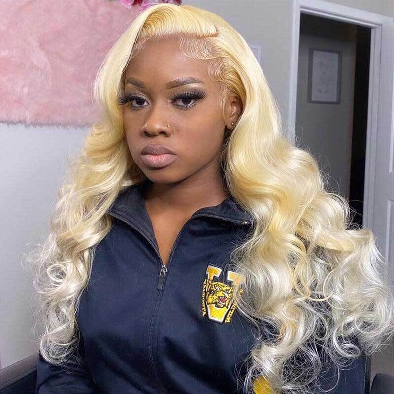 ZSFOQQ Glueless 613 Blonde Body Wave 13x4 Lace Front Wigs HD Transparent Wavy Human Hair Wigs