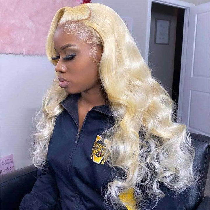 ZSFOQQ Glueless 613 Blonde Body Wave 13x4 Lace Front Wigs HD Transparent Wavy Human Hair Wigs