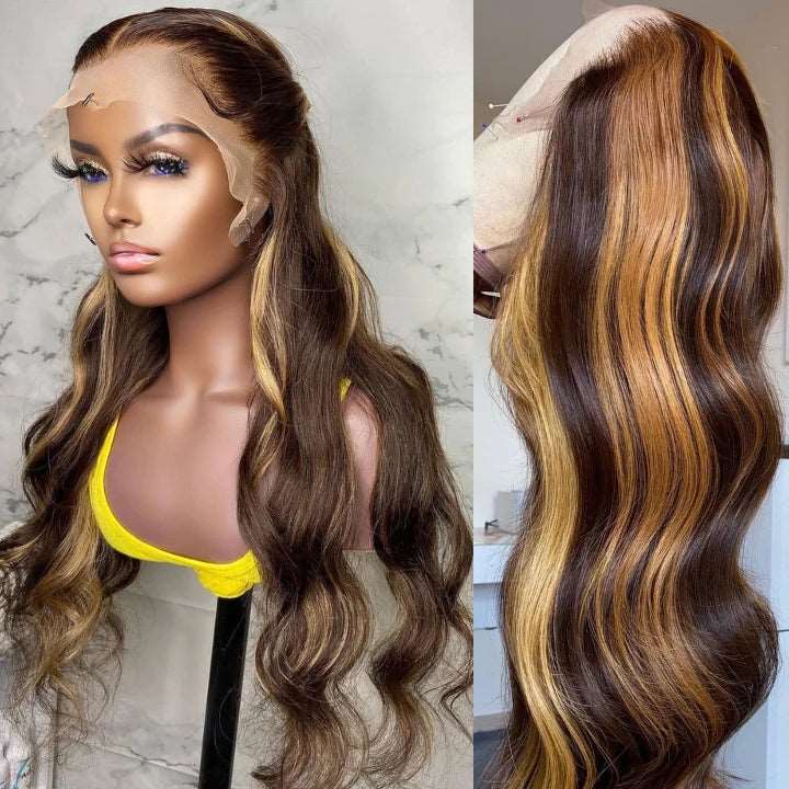 ZSFOQQ Body Wave Hair Honey Blonde Highlight 13x4 Hd Transparent Lace Front Wig 100% Virgin Human Hair Wig