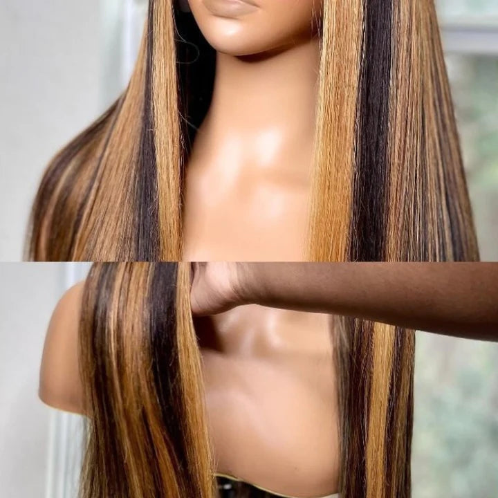 ZSFOQQ Body Wave Hair Honey Blonde Highlight 13x4 Hd Transparent Lace Front Wig 100% Virgin Human Hair Wig