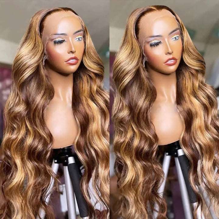 ZSFOQQ Body Wave Hair Honey Blonde Highlight 13x4 Hd Transparent Lace Front Wig 100% Virgin Human Hair Wig