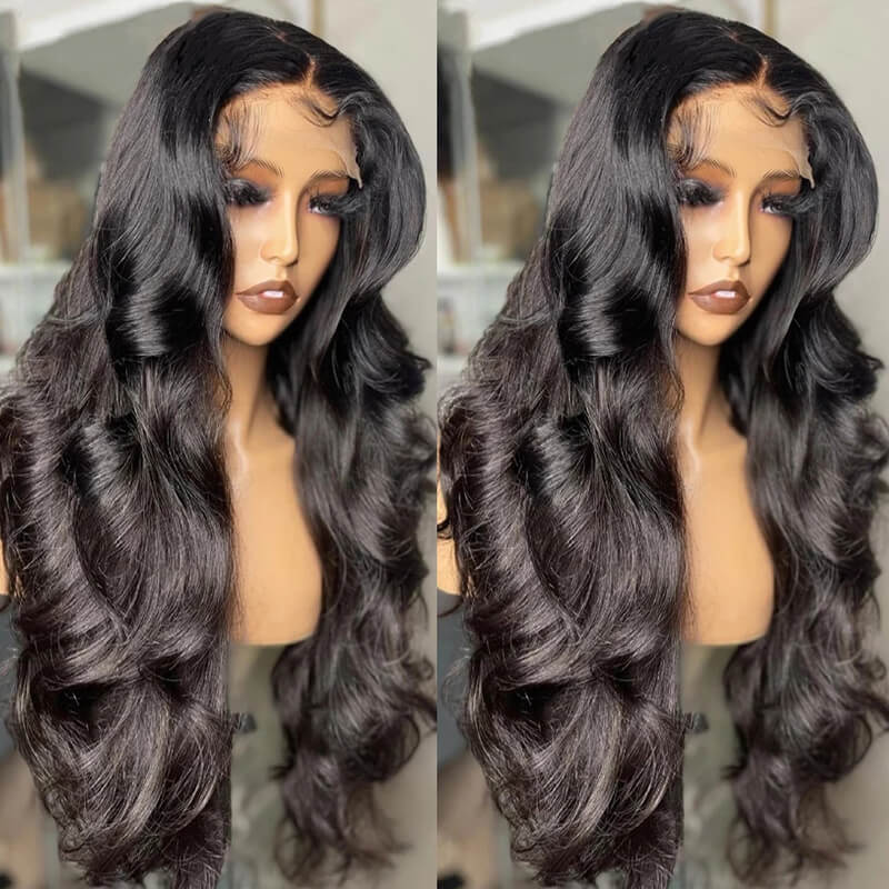 ZSFOQQ Hair Body Wave 13*4 Transparent Lace Frontal Wig Unprocessed Human Virgin Hair 1Piece Natural Black.