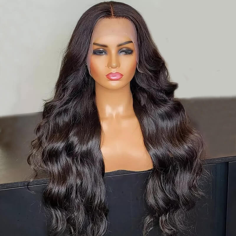 ZSFOQQ Hair Body Wave 13*4 Transparent Lace Frontal Wig Unprocessed Human Virgin Hair 1Piece Natural Black.