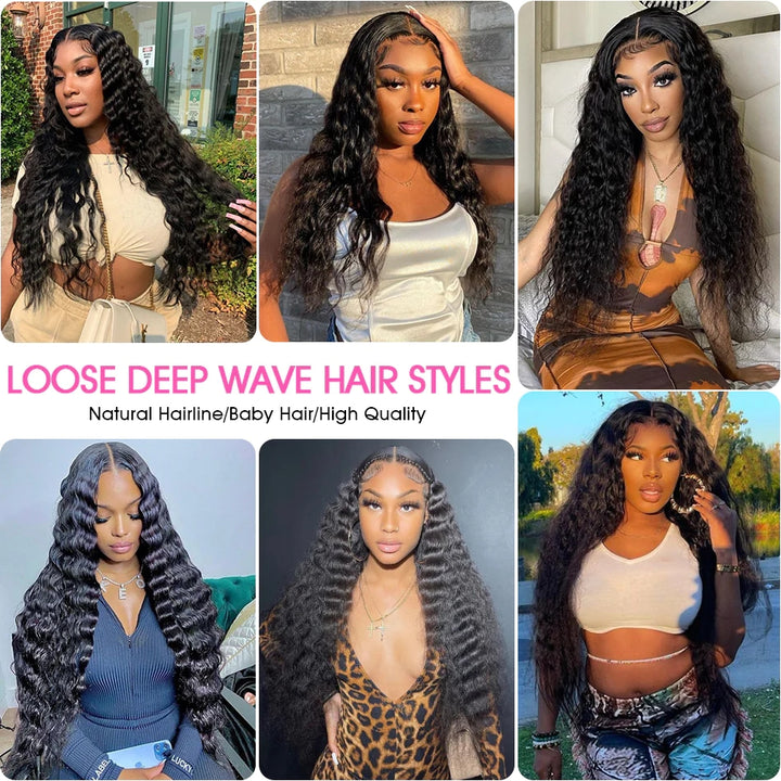 ZSFOQQ Hair Loose Deep Wave 13*4 Transparent Lace Frontal Wig 100% Human Virgin Hair 1 Piece Natural Black.