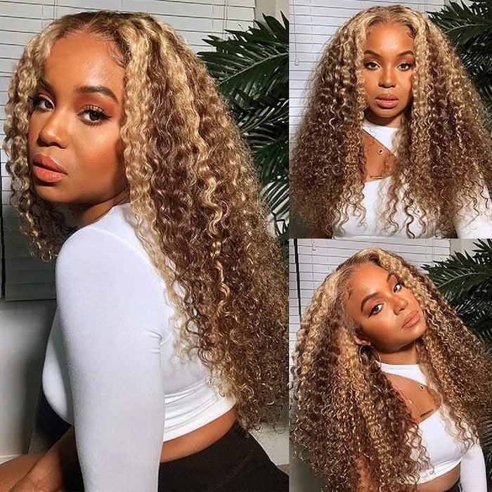 ZSFOQQ Honey Blonde Highlights #4/27 Colored Curly HD Lace 100% Virgin Human Hair Wigs.