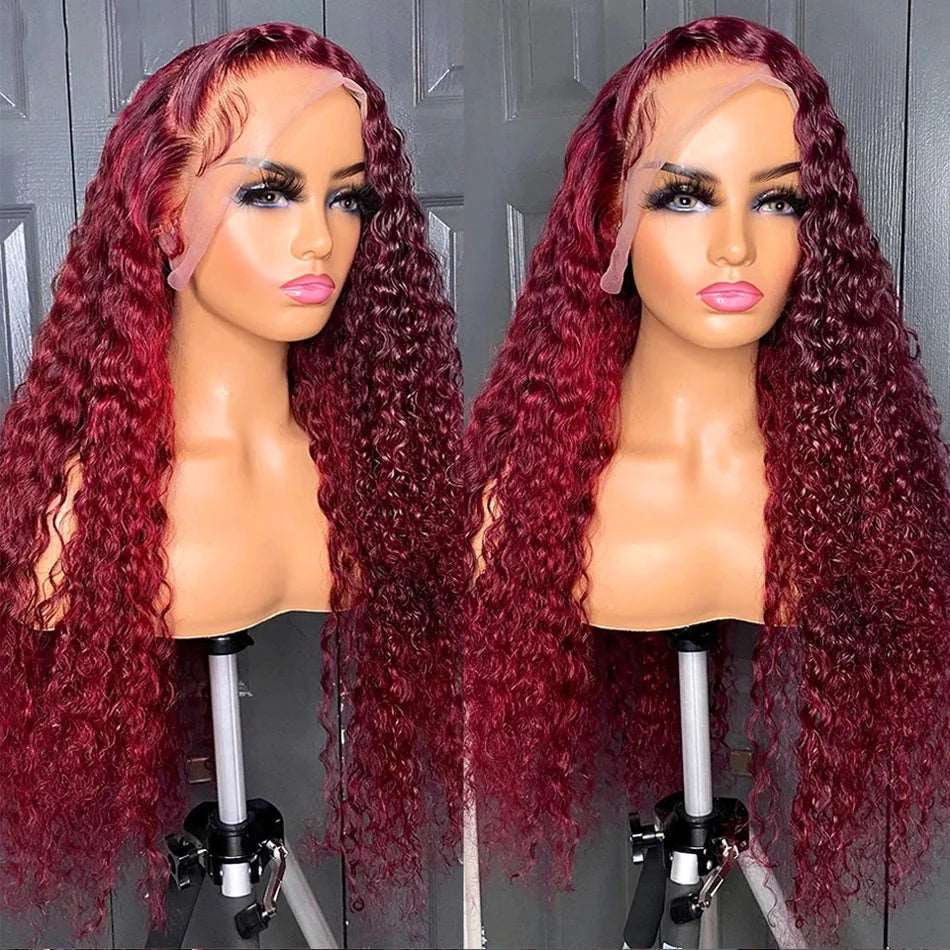 ZSFOQQ Hair Burgundy# Brazilian Jerry Curly Transparent Lace Wig Pre Plucked.