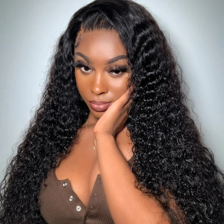 ZSFOQQ Hair Water Wave 13*4 Transparent Lace Frontal Wig Unprocessed Human Virgin Hair Natural Black.