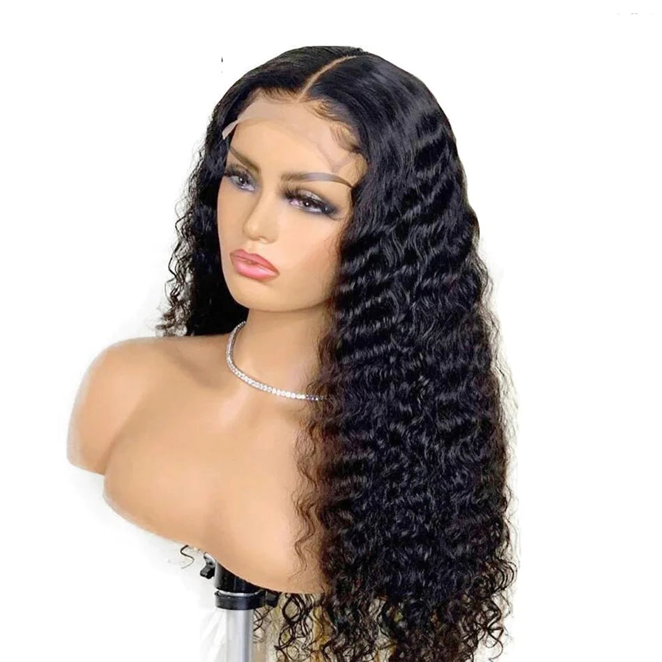 ZSFOQQ Hair Deep Wave 13*4 Transparent Lace Frontal Wig Virgin Hair 100% Human Hair Natural Black.