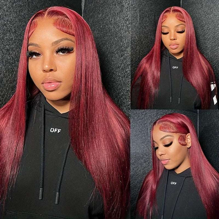 ZSFOQQ Burgundy Hair Straight Human Hair Wigs Transparent 13x4 Lace Front Wig Pre Plucked