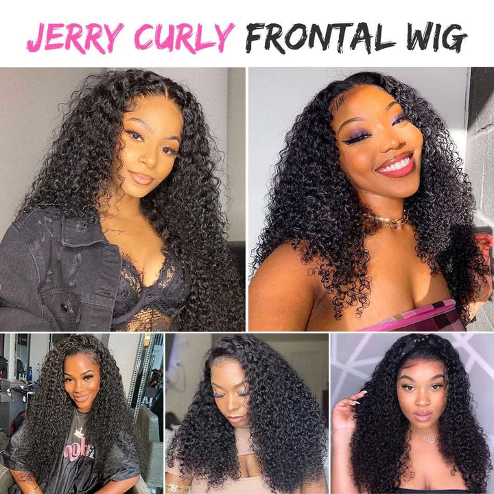 ZSFOQQ Hair Jerry Curly 13*4 Transparent Lace Frontal Wig Unprocessed Human Virgin Hair Wig Natural Black.