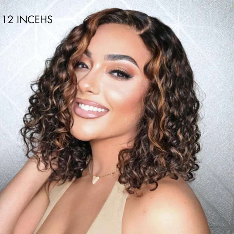 ZSFOQQ Casual Blonde Highlights 4x4 5x5 Curly HD Lace Glueless Short Bob Wig 100% Human Hair