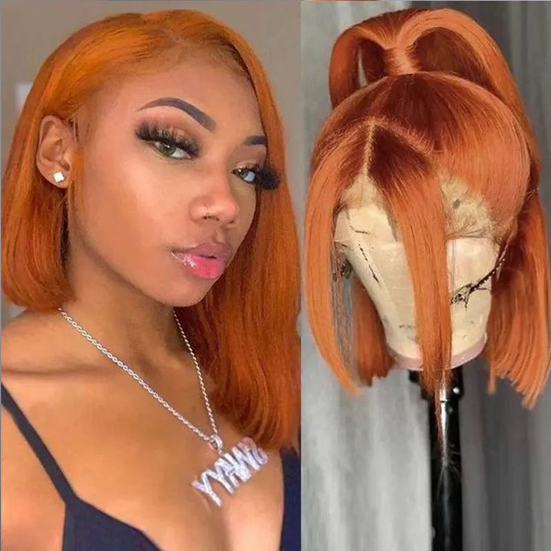 ZSFOQQ Short Orange Straight Bob Wig 13*4/4*4 Human Hair Lace Front Bob Wigs.