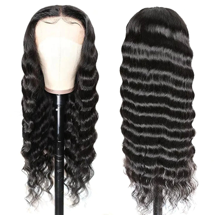 ZSFOQQ Hair Loose Deep Wave 13*4 Transparent Lace Frontal Wig 100% Human Virgin Hair 1 Piece Natural Black.