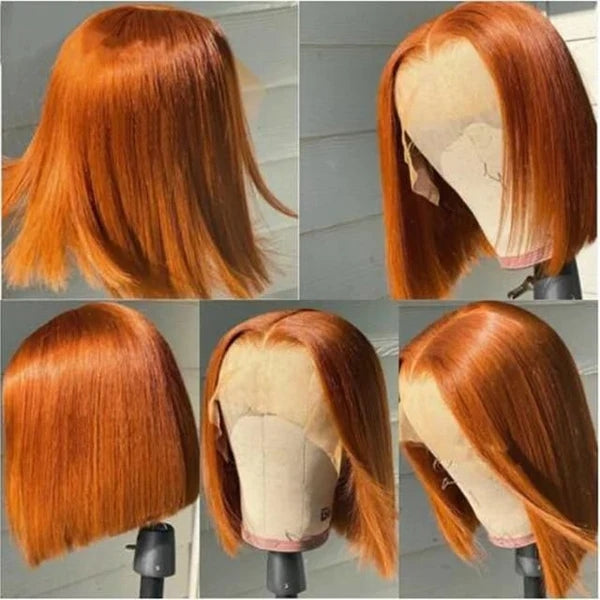 ZSFOQQ Short Orange Straight Bob Wig 13*4/4*4 Human Hair Lace Front Bob Wigs.