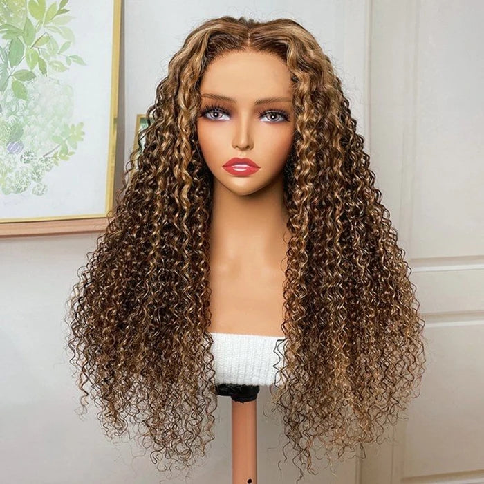 ZSFOQQ Honey Blonde Highlights #4/27 Colored Curly HD Lace 100% Virgin Human Hair Wigs.