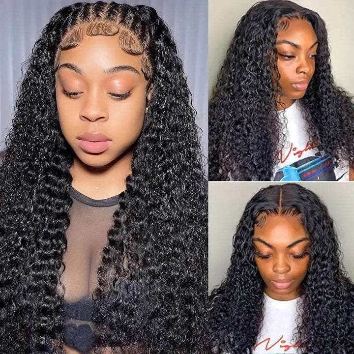 ZSFOQQ Hair Deep Wave 13*6 Transparent Lace Frontal Wig Virgin Hair 100% Human Hair Wig Natural Black.