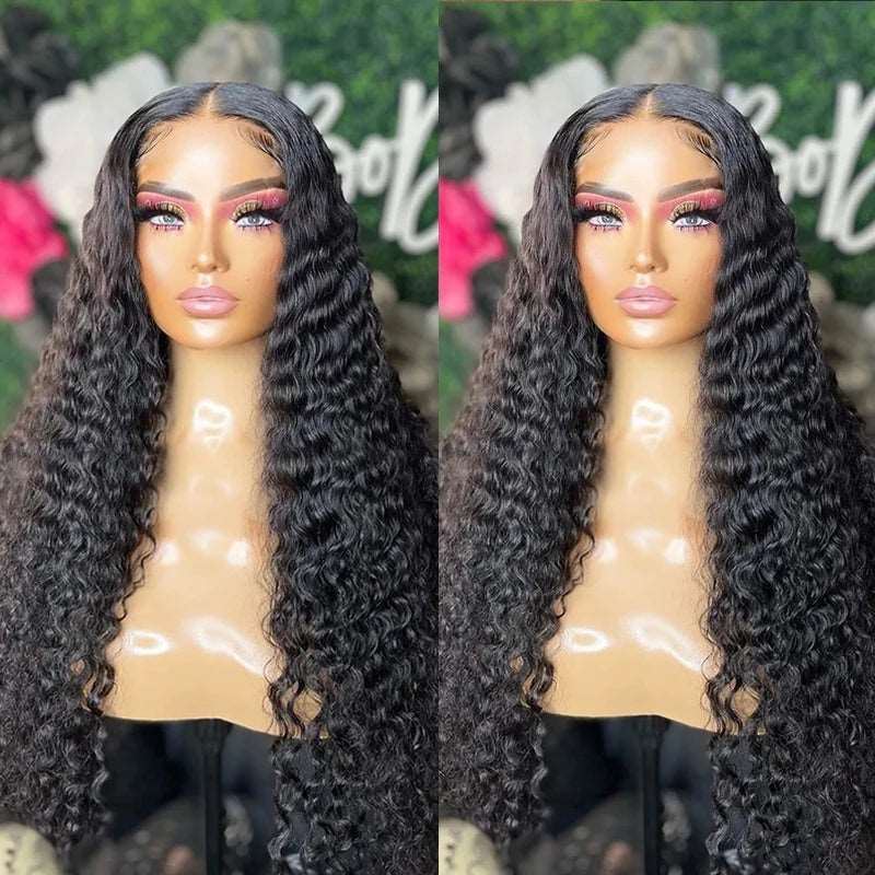 ZSFOQQ Hair Deep Wave 13*4 Transparent Lace Frontal Wig Virgin Hair 100% Human Hair Natural Black.