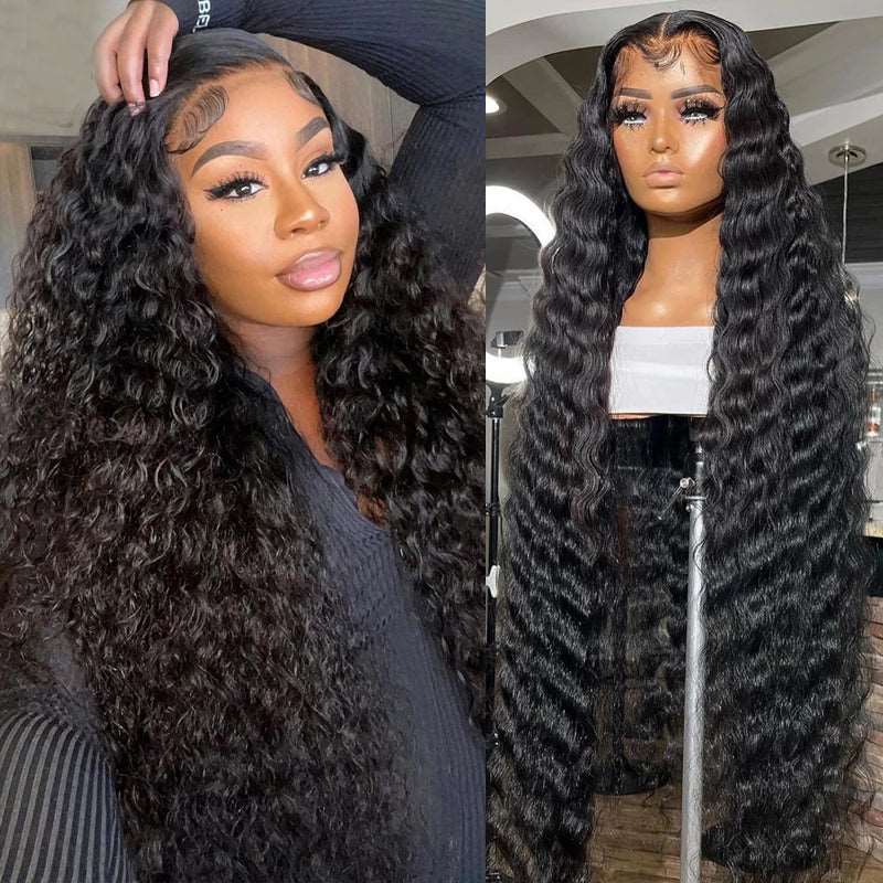 ZSFOQQ Hair Deep Wave 13*4 Transparent Lace Frontal Wig Virgin Hair 100% Human Hair Natural Black.