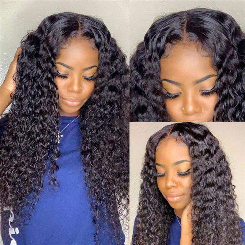 ZSFOQQ Hair Deep Wave 13*6 Transparent Lace Frontal Wig Virgin Hair 100% Human Hair Wig Natural Black.