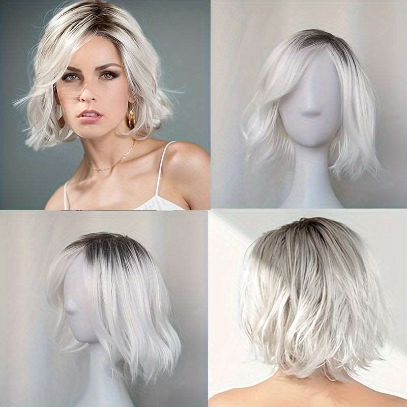 ZSFOQQ 12 Inch  Silvery White Body Wave Hair Wigs Side Part Short Curly Hair Wigs For Women Fluffy Synthetic Hair Replacement Wigs