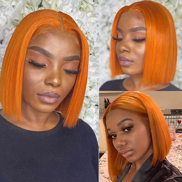 ZSFOQQ Short Orange Straight Bob Wig 13*4/4*4 Human Hair Lace Front Bob Wigs.