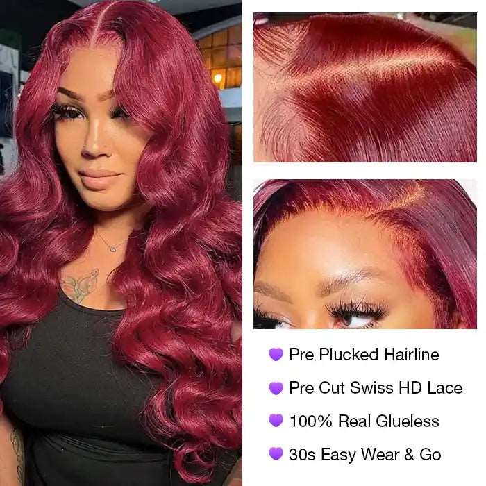 ZSFOQQ Hair Glueless Wear & Go Wig Pre Cut HD Lace Closure Wigs #99J Burgundy Colored Wig