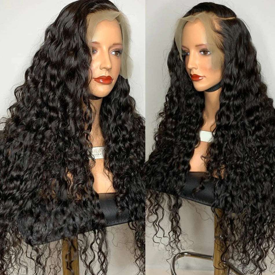 ZSFOQQ Hair Deep Wave 13*6 Transparent Lace Frontal Wig Virgin Hair 100% Human Hair Wig Natural Black.