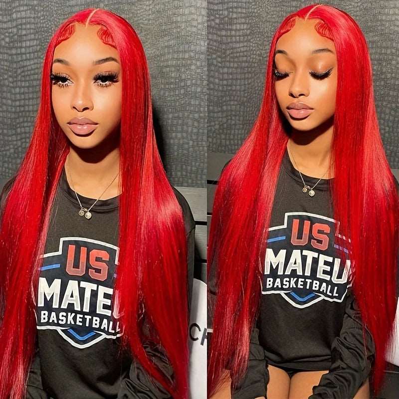 ZSFOQQ Glueless Red Lace Front Wig HD Transparent Lace Straight Hair 13x4 Lace Front Wig 180% Density