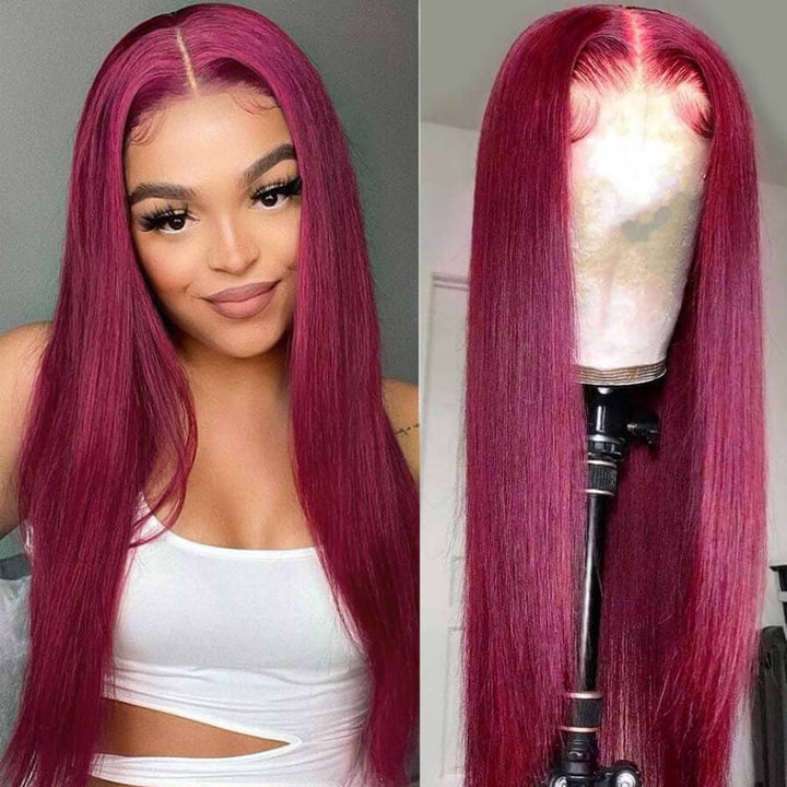 ZSFOQQ Long Straight Hair 99j Burgundy T Part Lace Front Wig Glueless Pre Plucked With Baby Hair 100% Virgin Human Hair Wig