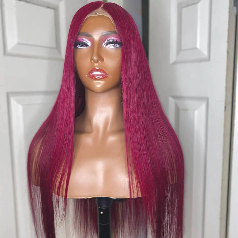 ZSFOQQ Long Straight Hair 99j Burgundy T Part Lace Front Wig Glueless Pre Plucked With Baby Hair 100% Virgin Human Hair Wig