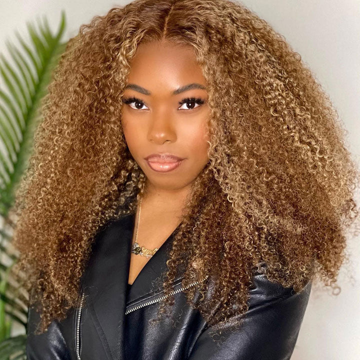 ZSFOQQ Honey Blonde Highlights #4/27 Colored Curly HD Lace 100% Virgin Human Hair Wigs.