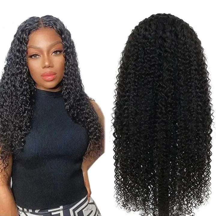 ZSFOQQ Hair Kinky Curly 13*4 Transparent Lace Frontal Wig Unprocessed Human Virgin Hair Wigs Natural Black.