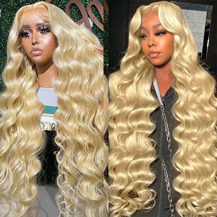 ZSFOQQ 613 Blonde Lace Front Wig Body Wave 13x4 HD Transparent Lace Glueless Long Human Hair Wigs 40 Inch