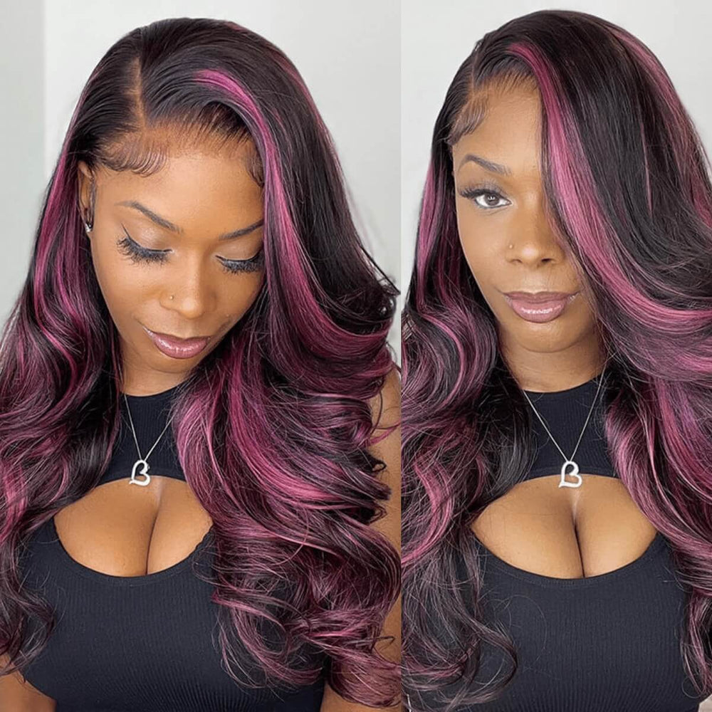 ZSFOQQ Hair Purple Pink Highlight Mix Colored Lace Front Closure Human Hair Wig.