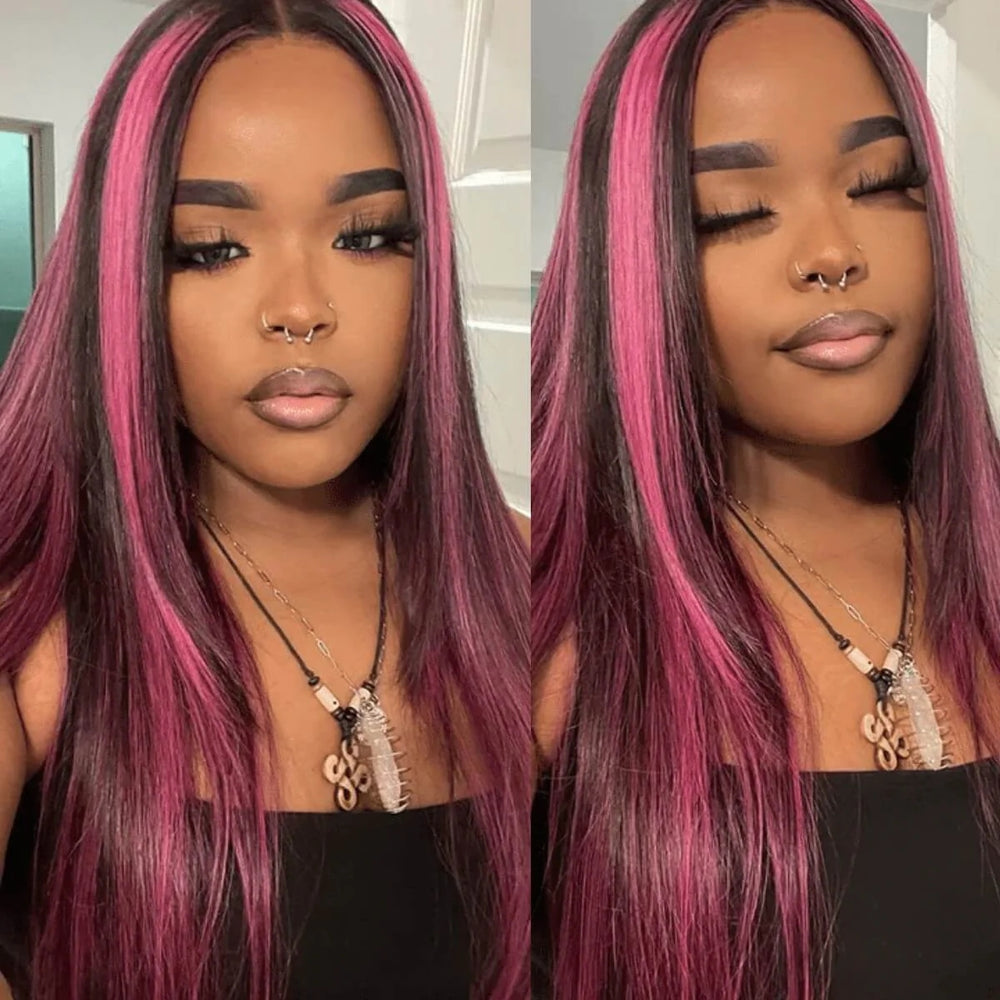 ZSFOQQ Hair Purple Pink Highlight Mix Colored Lace Front Closure Human Hair Wig.