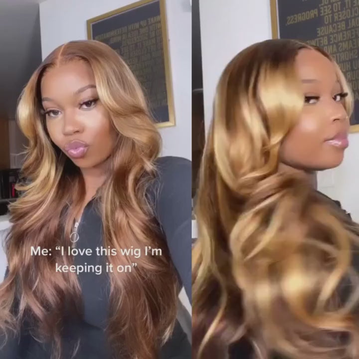 ZSFOQQ Body Wave Hair Honey Blonde Highlight 13x4 Hd Transparent Lace Front Wig 100% Virgin Human Hair Wig