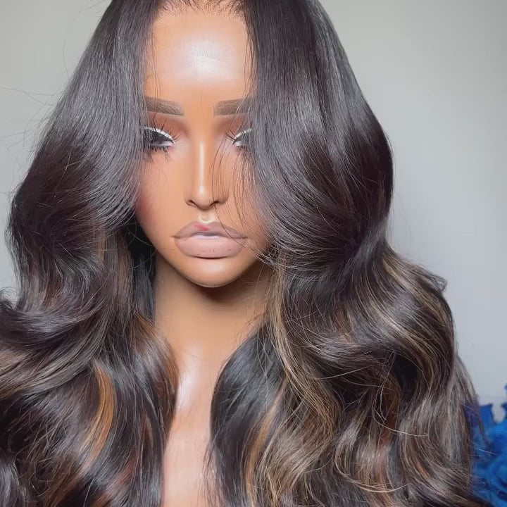 ZSFOQQ Highlight Brown 13x4 Body Wave Pre Cut HD Lace Front Wigs Glueless Highlights Color Human Hair Wigs