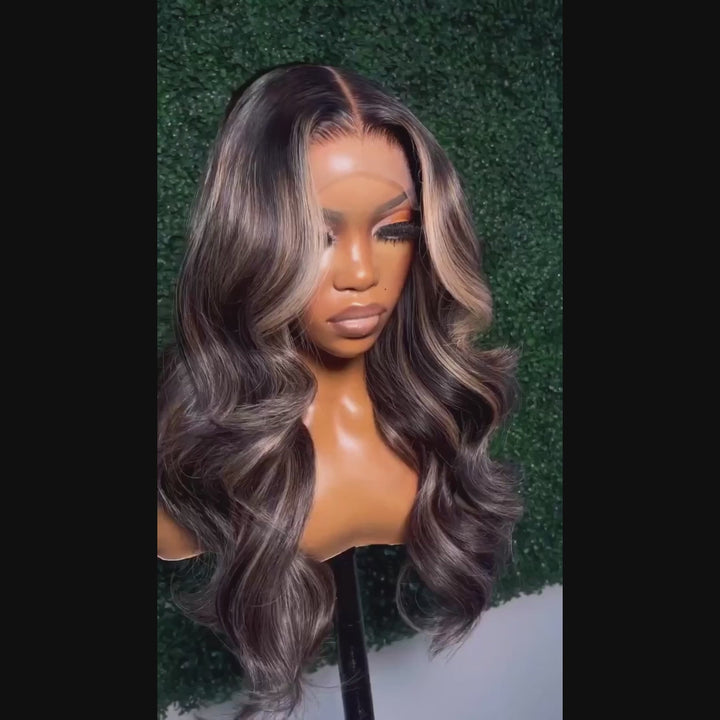 ZSFOQQ Money Piece Brown Body Wave HD Transparent Lace Front Wigs Glueless Skunk Stripe Color Human Hair Wigs