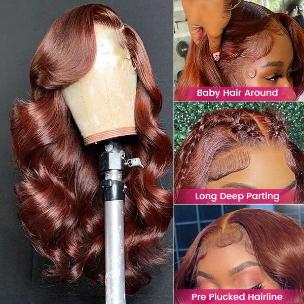 ZSFOQQ Red Brown Wig 13x4 HD Lace Front Wig Body Wave Wig Dark Reddish Brown Wig