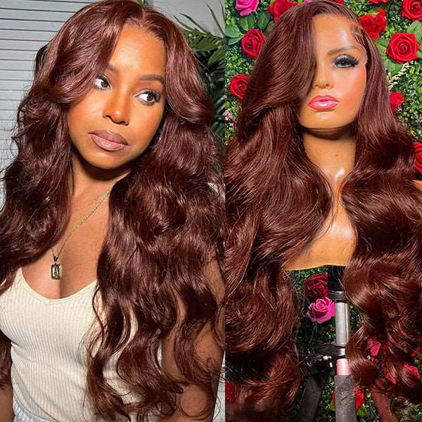 ZSFOQQ #33 Reddish Brown Auburn Color Body Wave Human Hair Wigs 13x4 Lace Front Wigs.