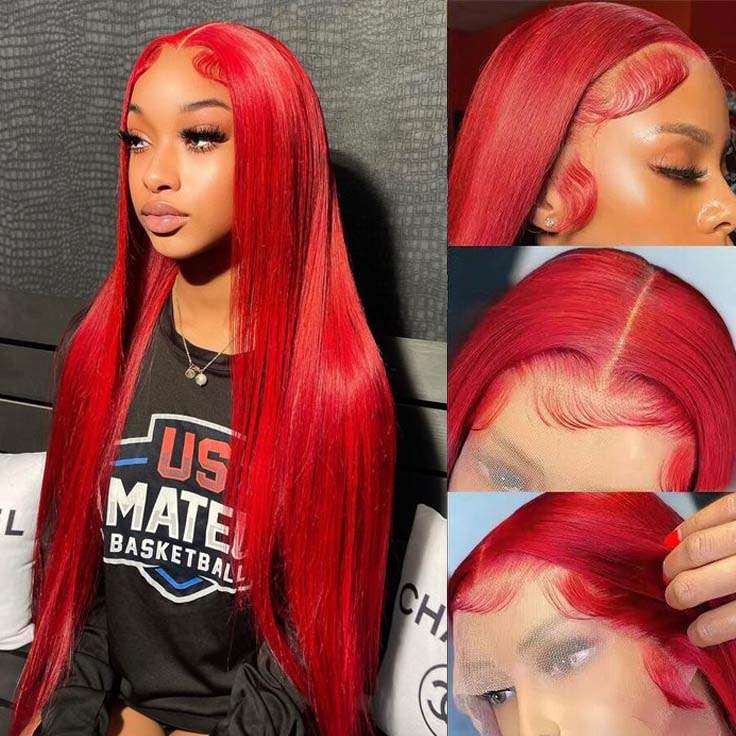 ZSFOQQ Glueless Red Lace Front Wig HD Transparent Lace Straight Hair 13x4 Lace Front Wig 180% Density