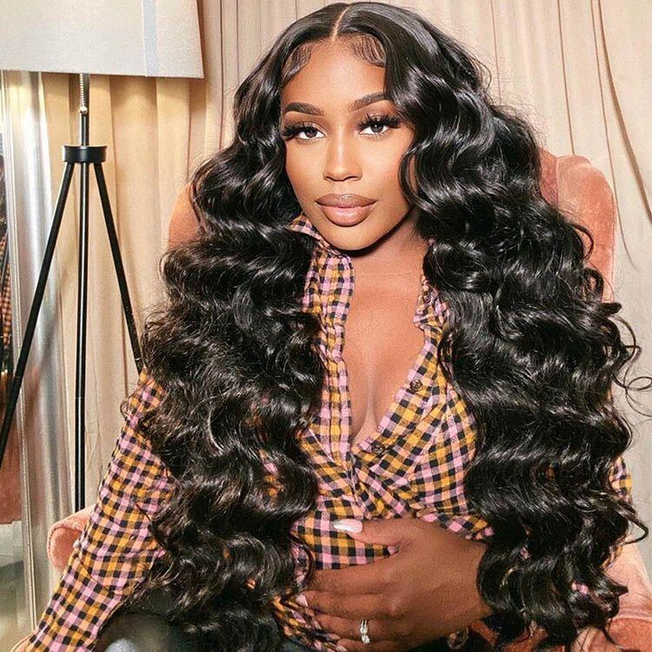 ZSFOQQ  24" Loose Wave Transparent HD Lace 13x4/4x4 Lace Frontal Wig Human Hair Wig Natural Black