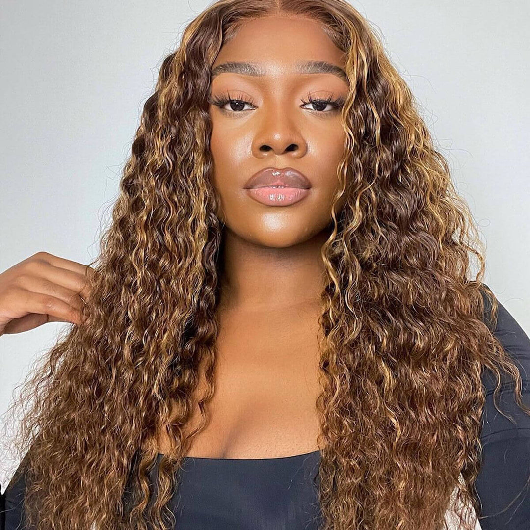 ZSFOQQ Invisible HD Lace Wear & Go Glueless Wigs Ombre Highlights #4/27 Water Wave Human Hair Wig.